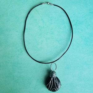 Black Stone Wire Wrapped Necklace W/ Leather Cord